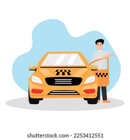 Driver near taxi car on white background