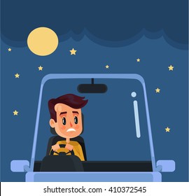 Driver at nights. Vector flat cartoon illustration