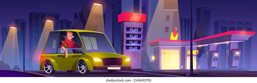 Driver on car refueling station at night, gasoline filling service. Man sitting in automobile near petrol shop building facade, fuel selling for urban vehicles, gas refill, Cartoon vector illustration