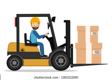 Driver on a forklift carries boxes on a white.