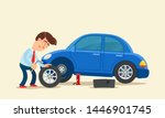 Driver on the road changes the flat tire wheel of the car. Car is on the jack. Vector illustration, flat design, cartoon style. Side view. Isolated background.