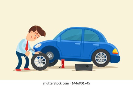 Driver on the road changes the flat tire wheel of the car. Car is on the jack. Vector illustration, flat design, cartoon style. Side view. Isolated background.