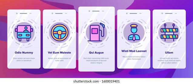 Driver Onboarding Mobile App Page Screen Vector. Driver Silhouette And Road Mark, Traffic Light And License, Gps Navigator And Key Illustrations