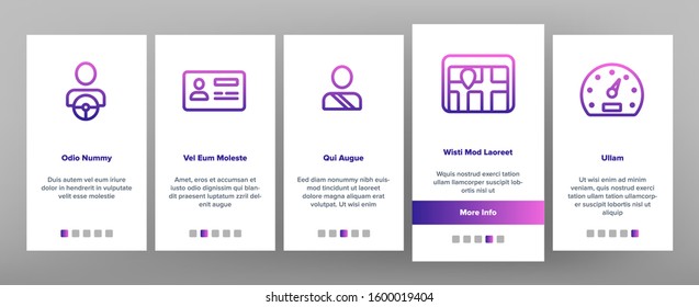 Driver Onboarding Mobile App Page Screen Vector. Driver Silhouette And Road Mark, Traffic Light And License, Gps Navigator And Key Illustrations