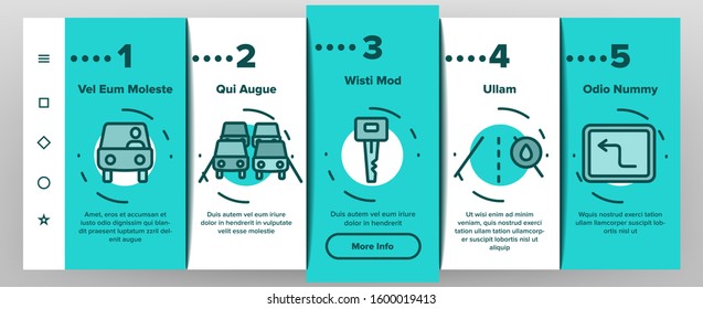 Driver Onboarding Mobile App Page Screen Vector. Driver Silhouette And Road Mark, Traffic Light And License, Gps Navigator And Key Illustrations