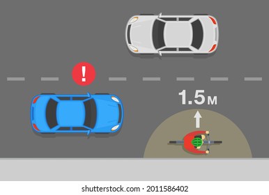 Conductor sobrepasando a un ciclista en una carretera de la ciudad. Vista superior del ciclista. Mantén tu distancia para el viaje seguro. Plantilla de ilustración vectorial plana.