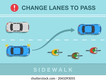 Driver overtaking cyclists on city road. Top view of cycling bike riders. Change lanes to pass for safety ride. Flat vector illustration template.