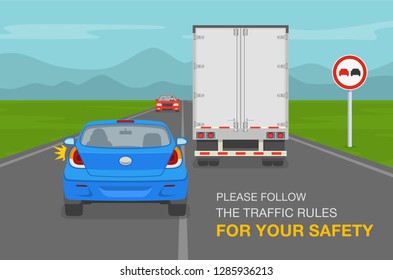 Driver overtaking a truck trailer on highway. Blue car is breaking the traffic rules. Flat vector illustration. Driver overtaking a truck trailer on highway. Blue car is breaking the traffic rules. Flat vector illustration.