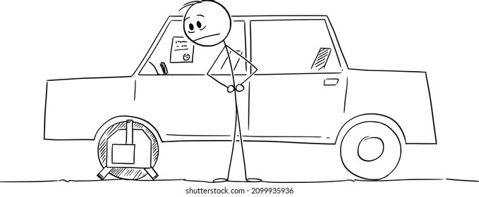 Driver or owner watching wheel clamp installed on his car, vector cartoon stick figure or character illustration.