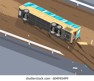 The driver of the passenger bus was tired and fell asleep at the wheel because of this the bus flew off the track and rolled over. Vector illustration