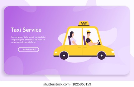 Conductor y pasajero en vehículos, frente y lado de los objetos aislados. Equipo de taxi o de alquiler en línea. Ilustración vectorial del servicio de taxi, movimiento de ciudades, seguridad vial, profesión moderna