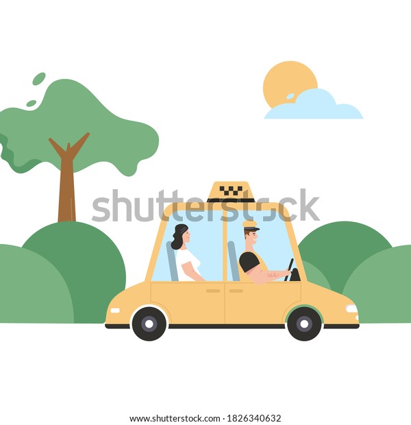 Driver and passenger in car, front and side\
view isolated objects. Online taxi or rent transportation set.\
Vector character illustration of taxi service, city moving, road\
safety, modern\
profession
