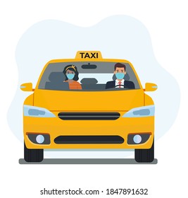 Driver and passenger in a medical mask in a taxi. Taxi service.Vector flat style illustration