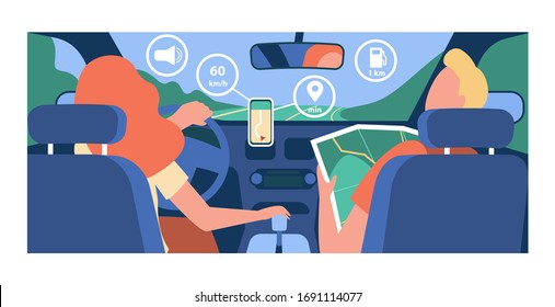 Driver and passenger navigating on road within map and mobile app. Back view of people inside car interior. Vector illustration for navigation, driving, travel, transportation concept