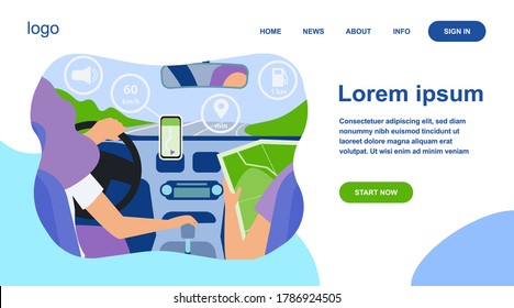 Driver and passenger navigating on road within map and mobile app. Back view of people inside car interior. Vector illustration for navigation, driving, travel, transportation concept