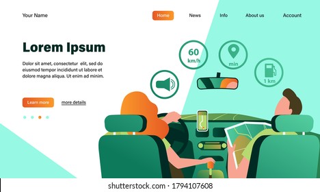 Driver and passenger navigating on road within map and mobile app. Back view of people inside car interior. Vector illustration for navigation, driving, travel, transportation concept