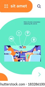 Driver and passenger navigating on road within map and mobile app. Back view of people inside car interior. Vector illustration for navigation, driving, travel, transportation concept