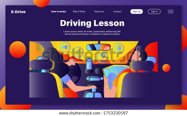 Driver and passenger navigating on road within\
map and mobile app. Back view of people inside car interior. Vector\
illustration for navigation, driving, travel, transportation\
concept