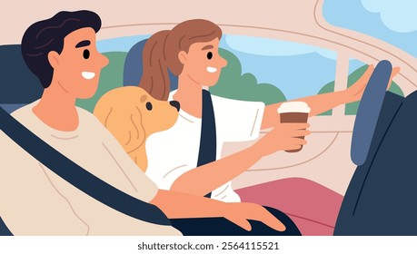 Driver and passenger on way. Happy couple travels with dog in car. Guy and girl together in automobile cabin. Woman with coffee cup drives vehicle. Family on seats