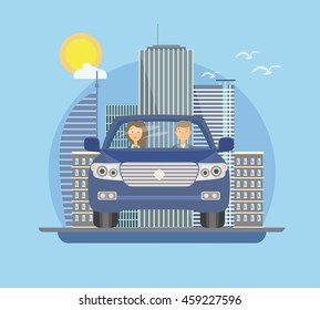 The driver and passenger travel by car. Vector illustration.