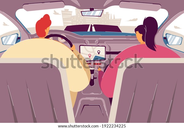 Driver and passenger using navigation app inside\
car. Backseat view of couple driving and riding vehicle, going\
along road to city. Vector illustration for driving application,\
travel, taxi concept