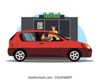 Driver paying for takeaway fast food order at open window of Drive Thru restaurant vector illustration. Cartoon girl worker in uniform giving paper bag to man sitting in car isolated on white