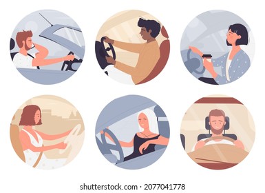 Driver people holding steering wheel of car and driving, round avatar set vector illustration. Cartoon young man woman characters inside car, side and front view through windshield isolated on white