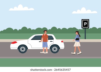 Driver pick up passenger. Parking lot. People waiting driver at parking place. People near a white car and parking sign on a sunny day.