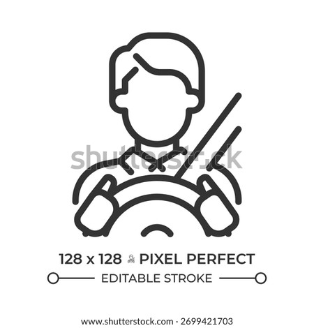 Driver pixel perfect line icon. Man with safety belt driving car. Professional in transportation industry. Isolated vector illustration. Outline symbol. Simple linear drawing. Editable stroke