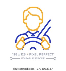 Pixel de controlador perfecto icono de línea de dos colores. Hombre con cinturón de seguridad de coche de conducción. Profesional en transporte bicolor símbolo de contorno. Pictograma lineal duotono. Ilustración aislada. Trazo editable
