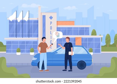 Driver and police officer flat color vector illustration. Checking parking payment. Fully editable 2D simple cartoon characters with police department on background. Bebas Neue font used