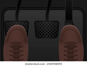 Driver Pressing Gas Pedal or Accelerator of a Car. Car Pedals. Brake, Accelerator and Clutch Pedal. Vector Illustration. 