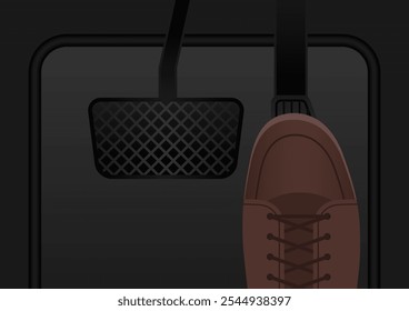 Driver Pressing Gas Pedal or Accelerator of a Car. Car Pedals. Brake, Accelerator and Clutch Pedal. Vector Illustration. 