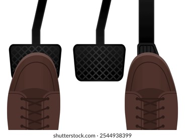 Driver Pressing Gas Pedal or Accelerator of a Car. Car Pedals. Brake, Accelerator and Clutch Pedal. Vector Illustration. 