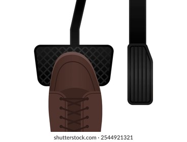 Driver Pressing on Brake Pedal of a Car. Car Pedals. Brake and Accelerator. Vector Illustration. 