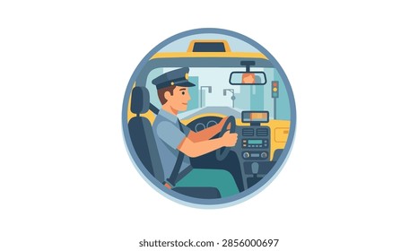 Driver profile inside circular frame with vehicle interior.