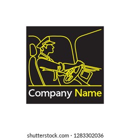 Driver of public transport with a wheel, side view. Vector linear image of man in the uniform cap and clothes. Illustration of a passenger bus driving for icon or logo design.