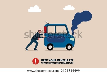 Driver pushing his broken SUV car. Safety driving rules. Keep your vehicle fit to prevent frequent breakdowns. 