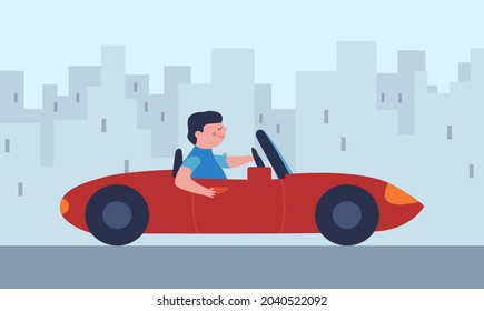 The driver in a red car drives through the city. Vector illustration