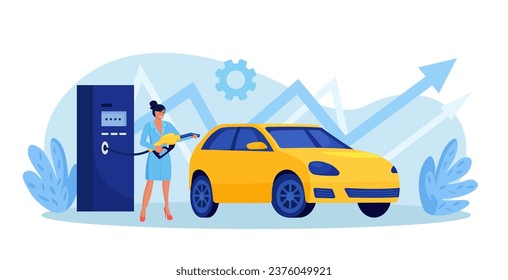Driver refueling auto at petrol station with fuel gun. High price for car fuel. People wasting money for gasoline. Fuel economy and money savings