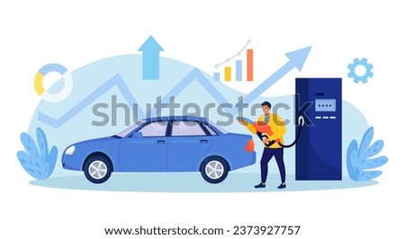 Driver refueling auto at petrol station with fuel gun. High price for car fuel. People wasting money for gasoline. Fuel economy and money savings