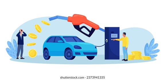 Coche de recarga de conductores con cañón de combustible lanzando monedas. Economía del combustible y ahorro de dinero. Alto precio para la gasolina para autos. Gente desperdiciando dinero por gasolina. Hombre bombeando aceite de gasolina