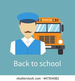 Driver of the school bus. Driver with bus icon. Delivery of children. Vector illustration flat design style. Banner, poster back to school.