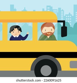 Driver and schoolboy in school bus