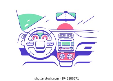 Driver seat in modern car vector illustration. View of road from drivers seat through windshield flat style. Car display design inside. Transport concept. Isolated on white background