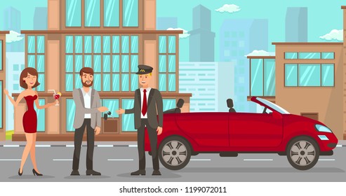 Driver Services In City. Professional In Driving Car. Car Driver Service, Red Convertible And Cityscape. Parking Attendant Concept. Man, Woman, And Valet On Street. Vector Flat Cartoon Illustration.