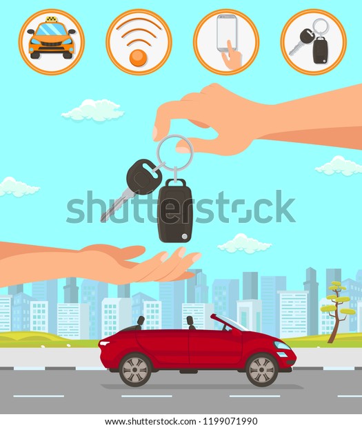 Driver Services in City. Professional in\
driving Car. Car Driver Service, Red Convertible and Cityscape.\
Parking Attendant Concept. Hand passes Auto Keys. Vector Flat\
Cartoon Illustration.