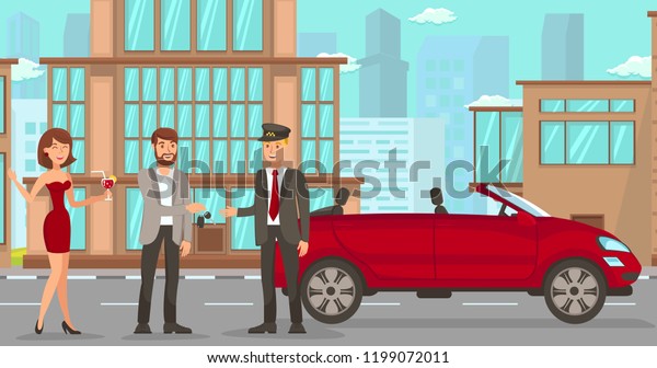 Driver Services in City. Professional in\
driving Car. Car Driver Service, Red Convertible and Cityscape.\
Parking Attendant Concept. Man, Woman, and Valet on Street. Vector\
Flat Cartoon\
Illustration.