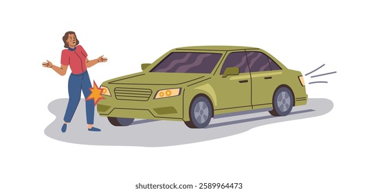 Driver in shock looking at broker car. Vector isolated female character and damaged automobile with fire and flames, spark or burning part. Traffic accidents and incidents at road, dangerous situation