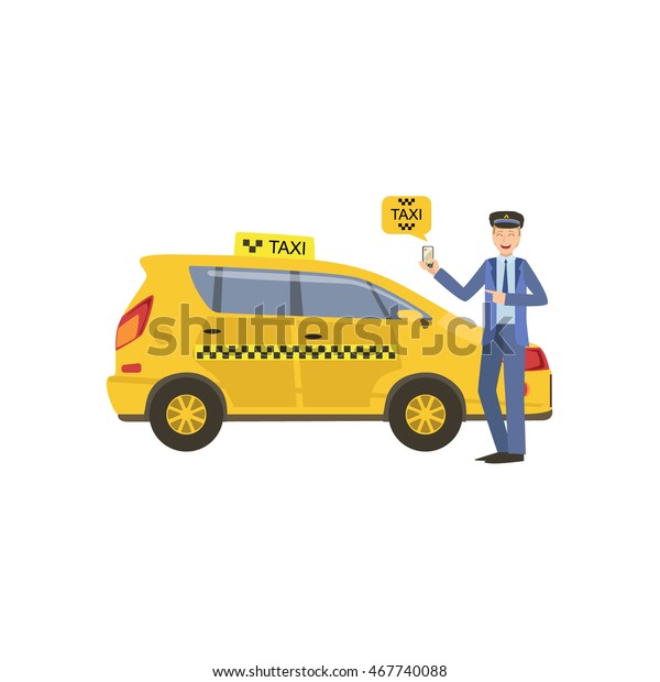 Driver Showing A Smartphone Taxi Service\
Application Standing Next To His Yellow\
Car